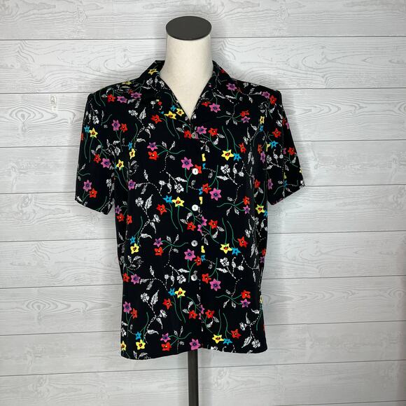 80’s vintage Impressions black floral button front blouse Size medium - Picture 1 of 5